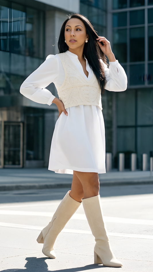 Crystal Babydoll Shirt Dress with Crochet Vest