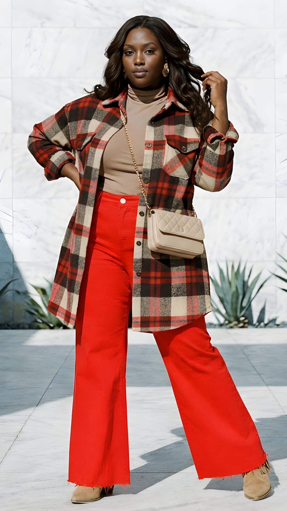 Model wearing red high-rise wide-leg palazzo jeans with a plaid shacket.
