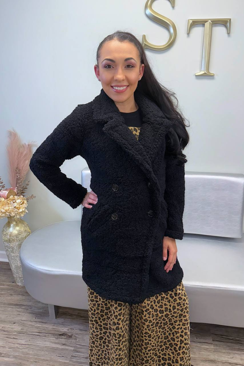 Evening Elegance Double-Breasted Teddy Coat (Dark Red)