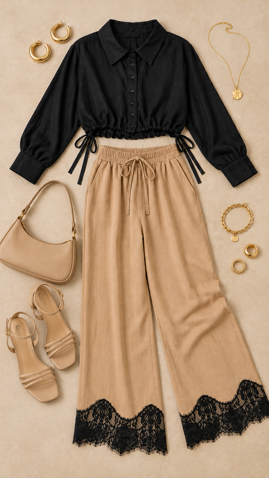 Champagne Noir Lace-Hem Trousers