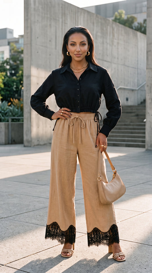 Champagne Noir Lace-Hem Trousers