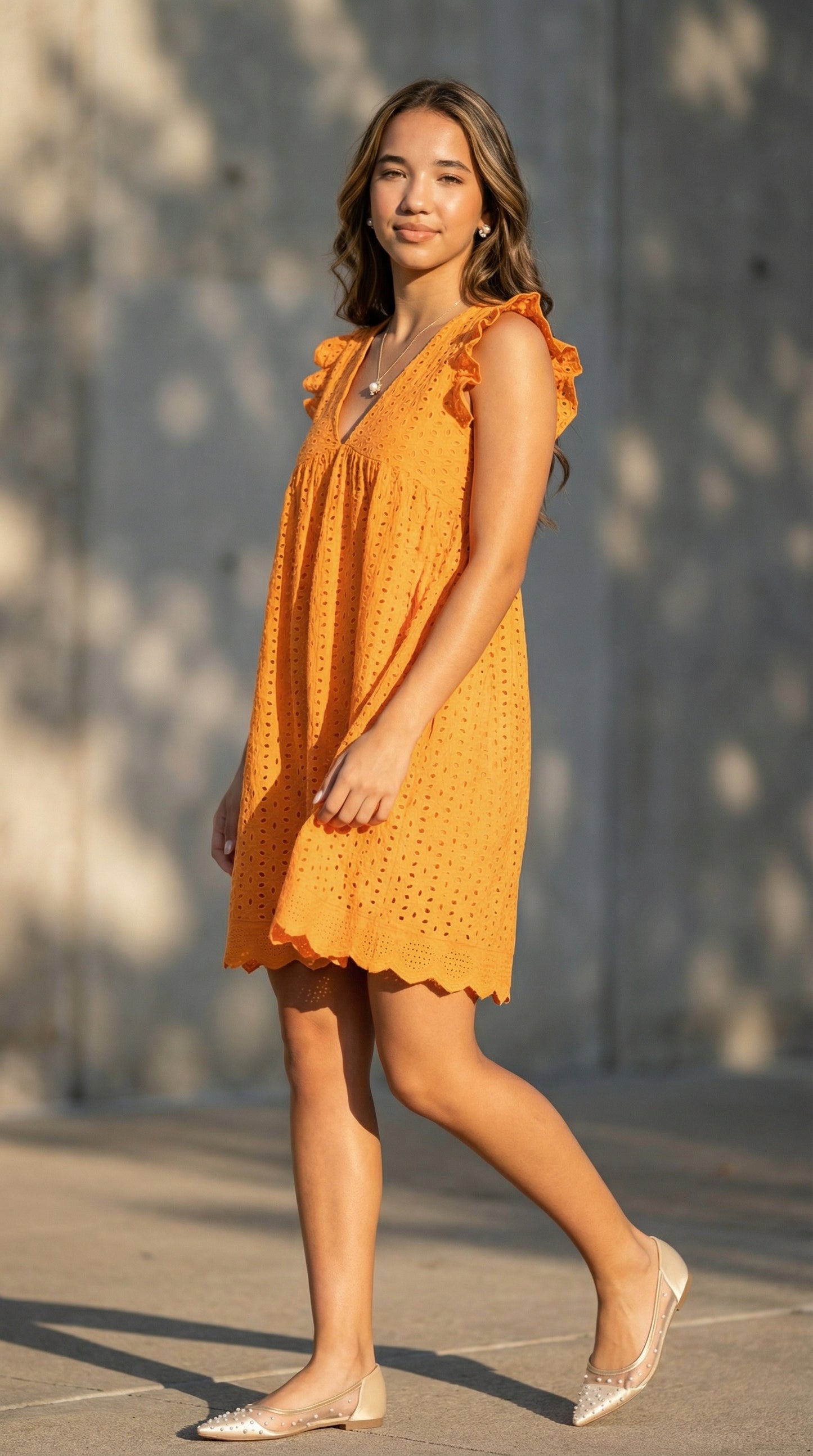 Izzy Cotton Eyelet Romper Dress: Light and Breezy (Tangarine)