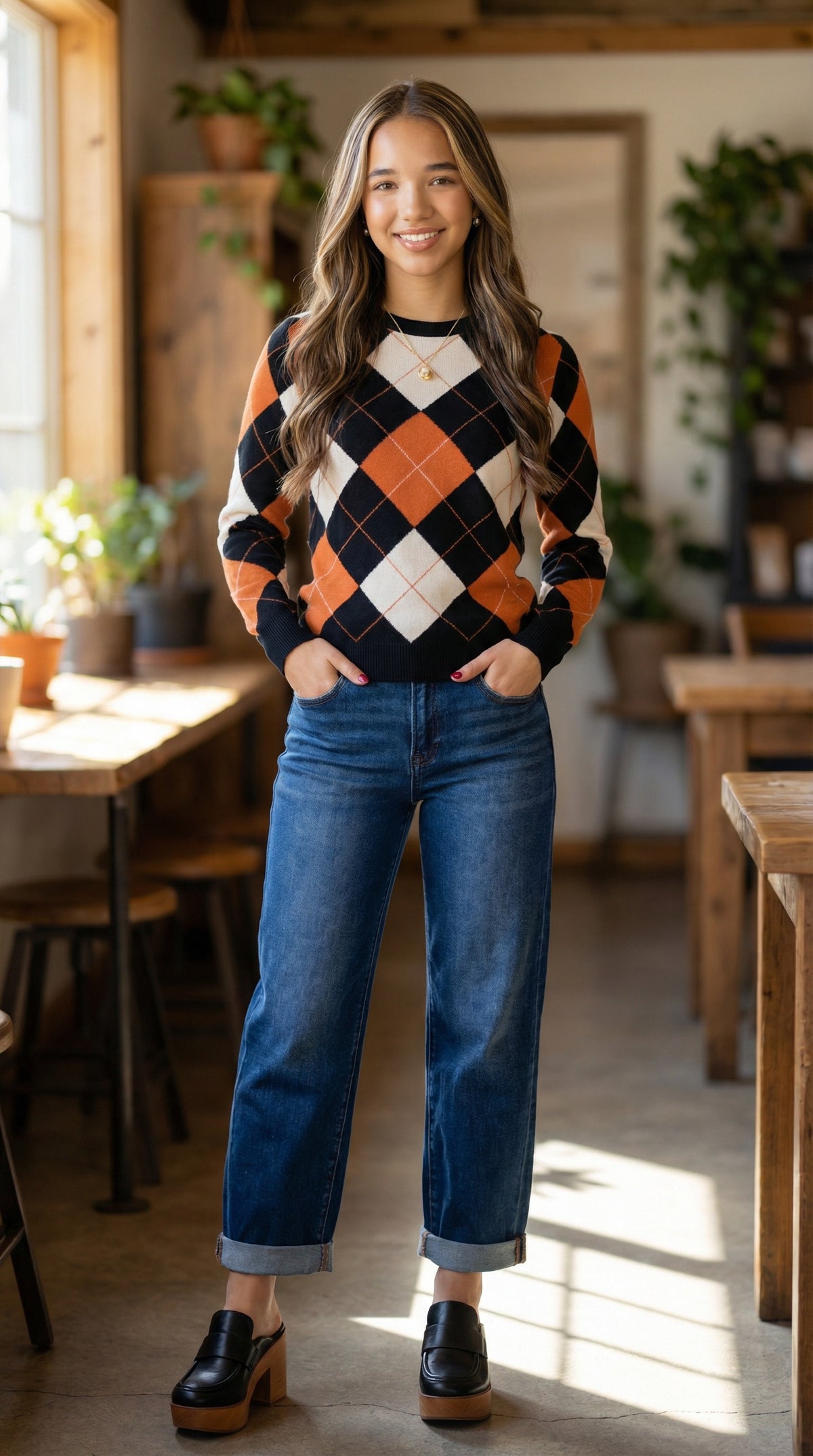 Model wearing an orange, white and black argyle crewneck sweater with jeans.