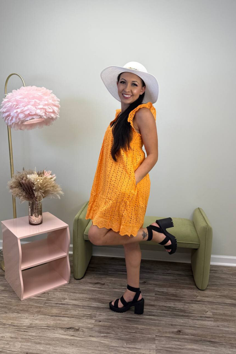 Izzy Cotton Eyelet Romper Dress: Light and Breezy (Tangarine)