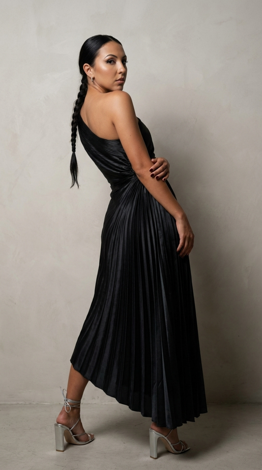 Gloria One-Shoulder Asymmetrical Dress (Black)