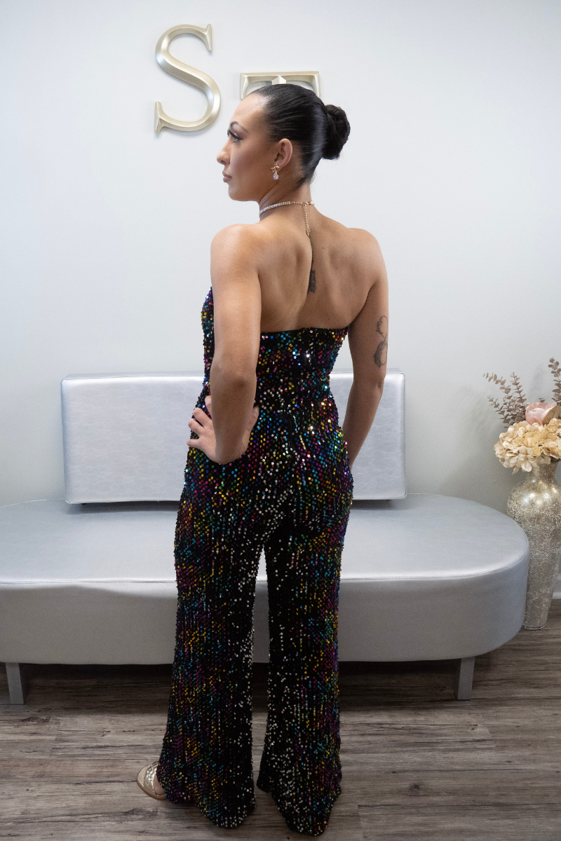 Own the Night Sequin Velvet Strapless Jumpsuit