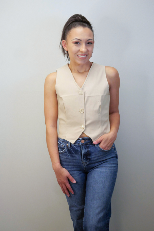 The Office Button-Up Cropped Vest (Beige)