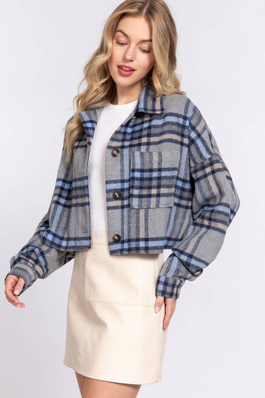 Wool Blend Plaid Button Down Oversize Crop Jacket