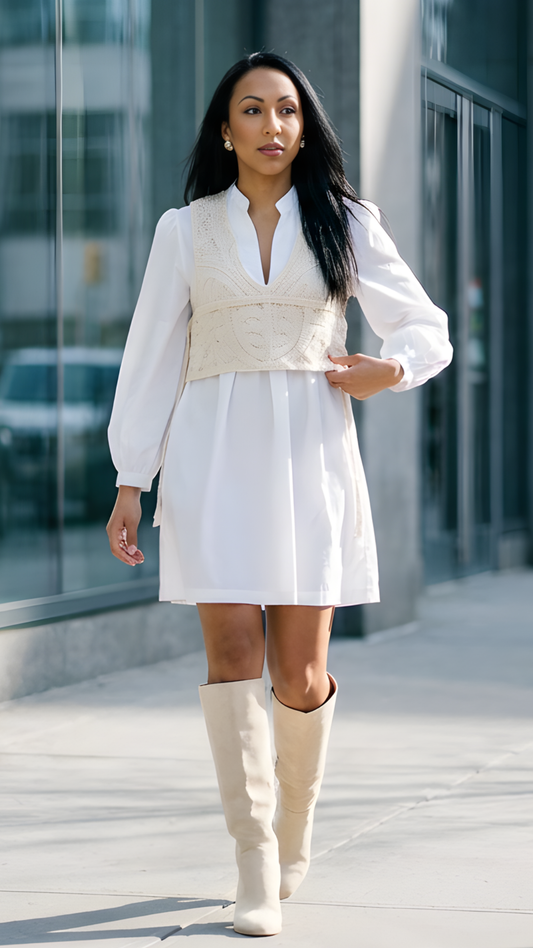 Crystal Babydoll Shirt Dress with Crochet Vest