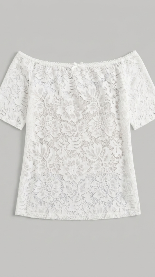 Soft Focus Off-Shoulder Lace Tee — Ivory