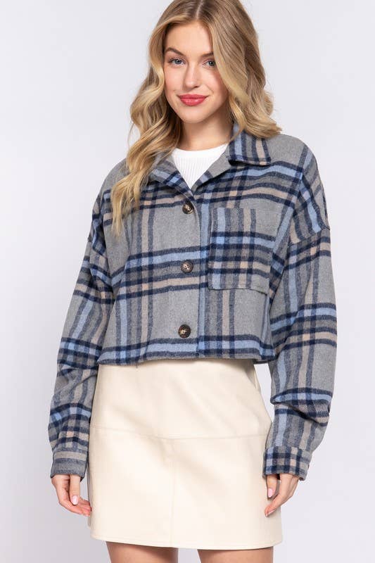 Wool Blend Plaid Button Down Oversize Crop Jacket