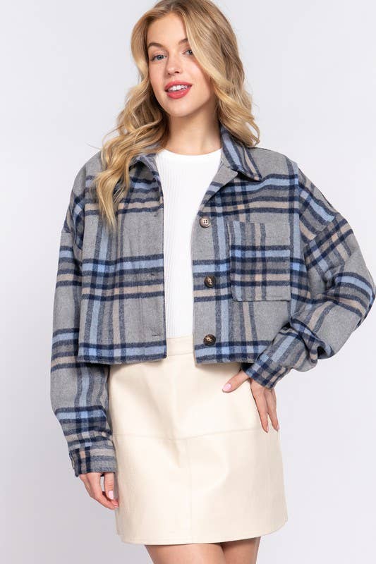 Wool Blend Plaid Button Down Oversize Crop Jacket