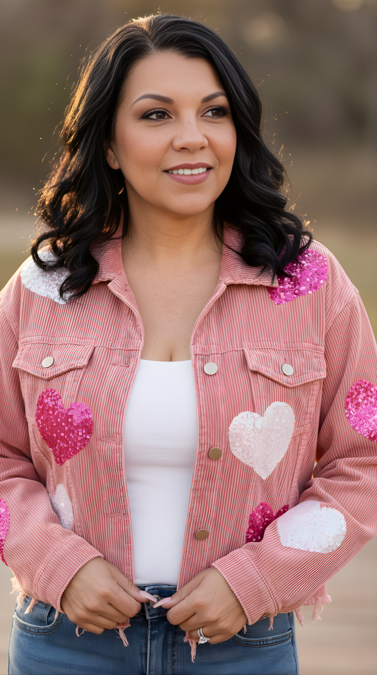 Blush Crush Corduroy Jacket | Pink Heart Patch Cropped Jacket