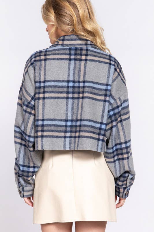 Wool Blend Plaid Button Down Oversize Crop Jacket