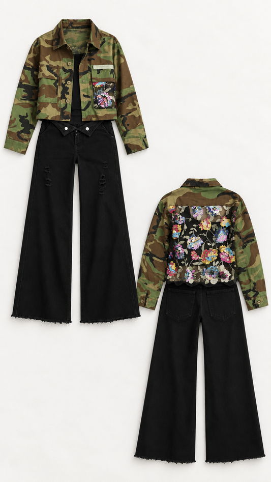 Flat lay showing black wide-leg pants styled with a camo jacket.