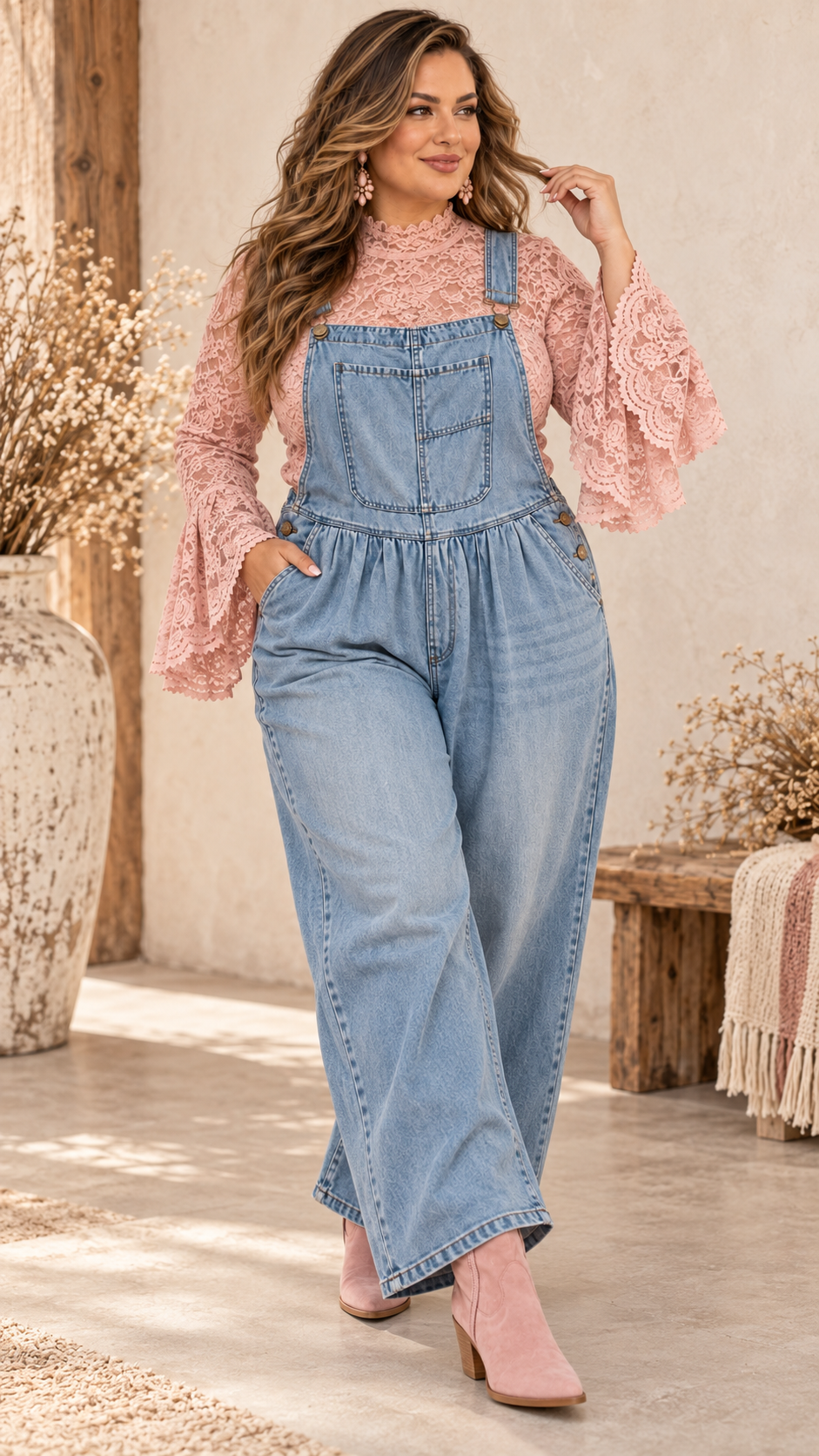 Second Glance Lace Bell-Sleeve Top (Pink)