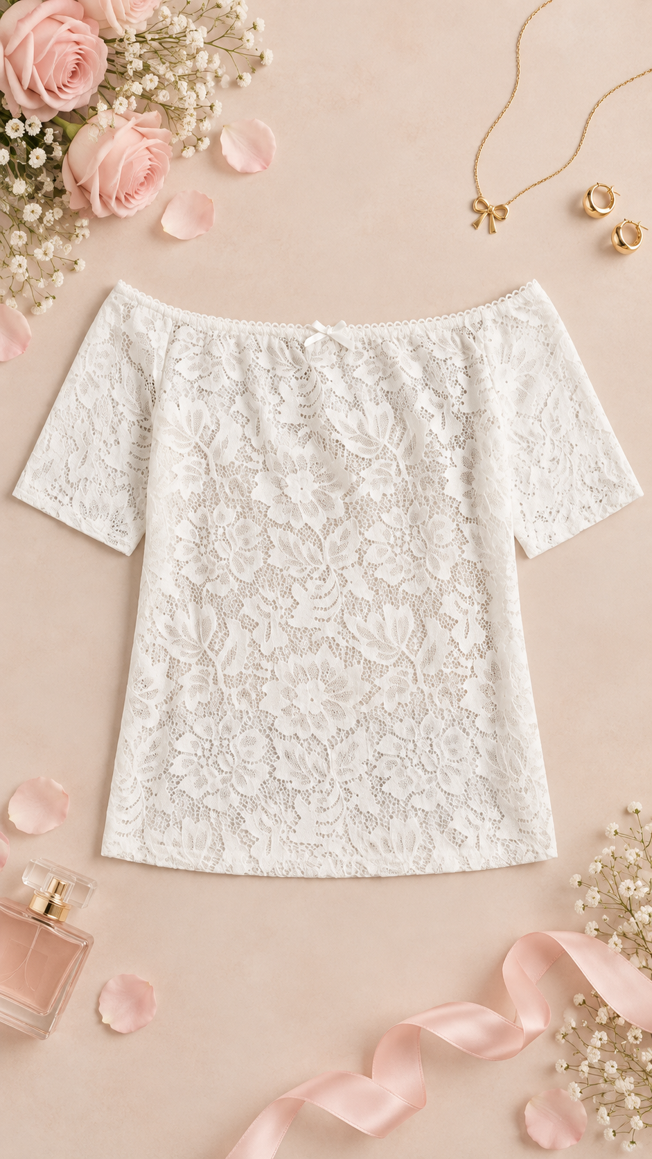 Soft Focus Off-Shoulder Lace Tee — Ivory