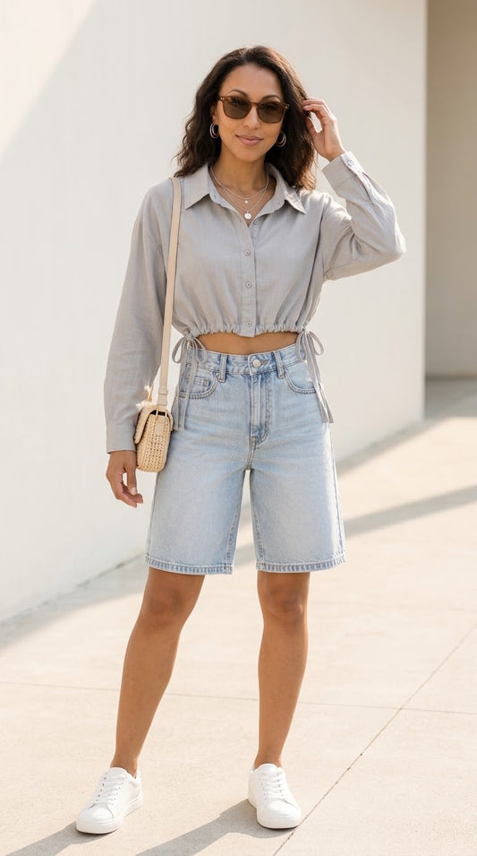 In Style Cropped Button-Up Shirt (Greystone)