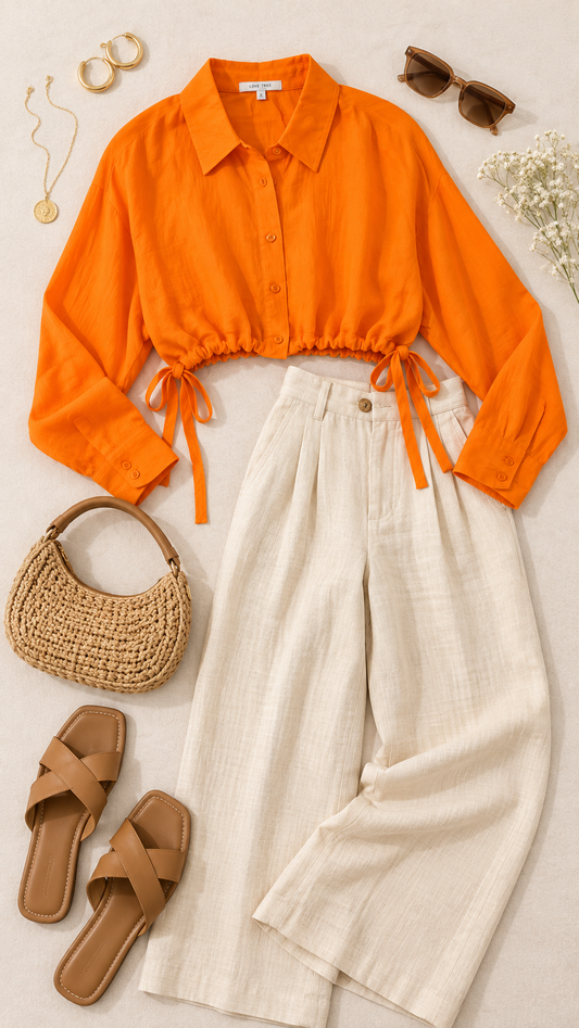In Style Cropped Button-Up Shirt (Mandarin)