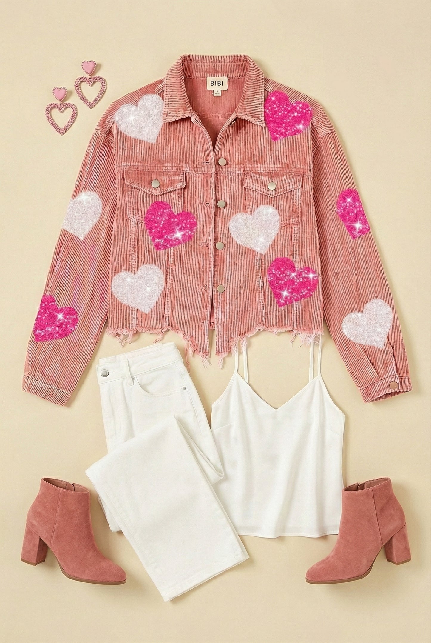 Blush Crush Corduroy Jacket | Pink Heart Patch Cropped Jacket