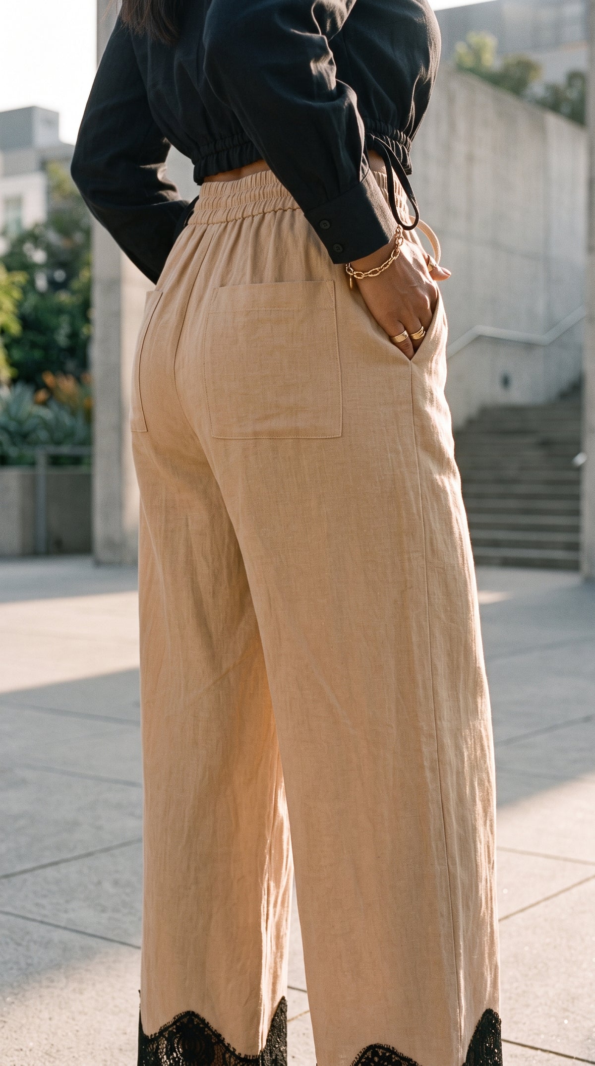 Champagne Noir Lace-Hem Trousers
