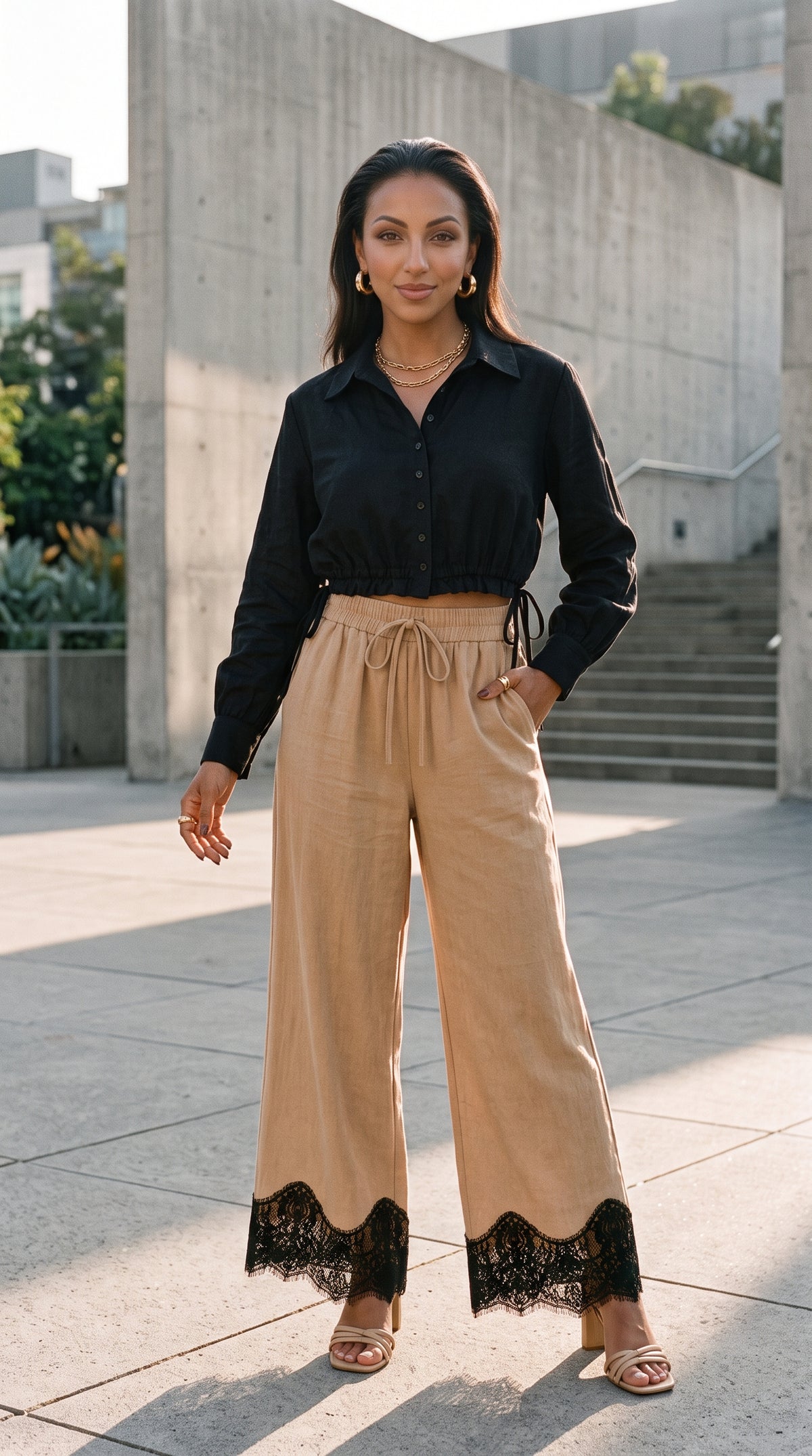 Champagne Noir Lace-Hem Trousers