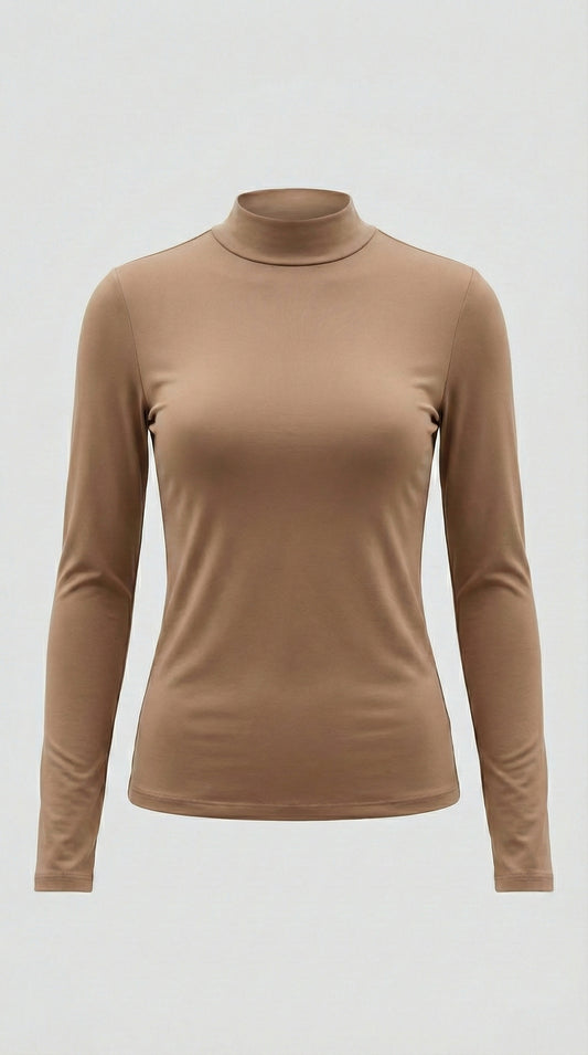 Taupe fitted long-sleeve mock-neck top on a white background.