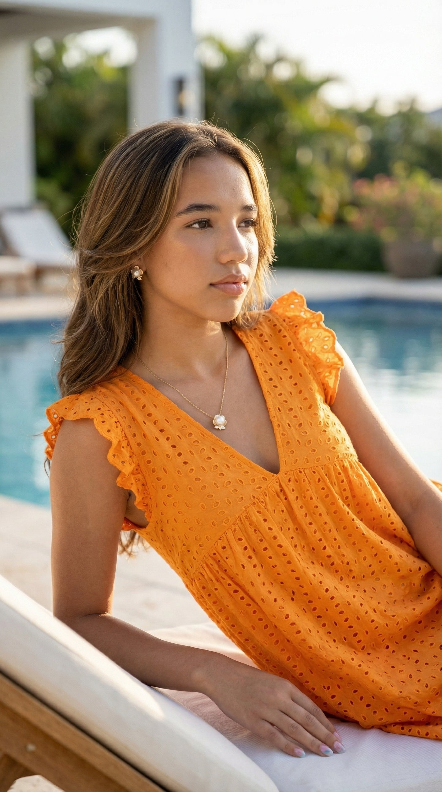 Izzy Cotton Eyelet Romper Dress: Light and Breezy (Tangarine)
