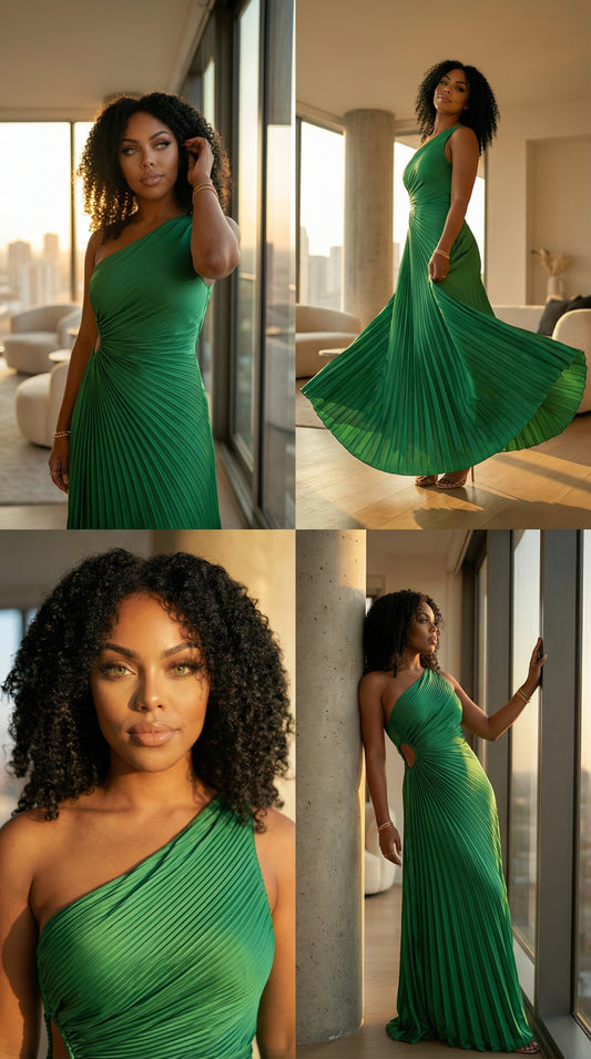 Gloria One-Shoulder Asymmetrical Dress (Green)