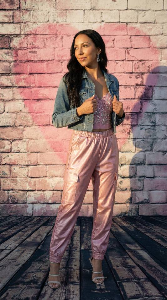 Baddie Attitude Metallic Faux Leather Cargo Pants