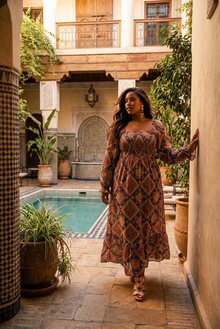 Model wearing a long patterned plus-size dress with bubble sleeves.