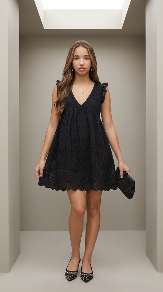 Izzy Cotton Eyelet Romper Dress: Light and Breezy (Black)